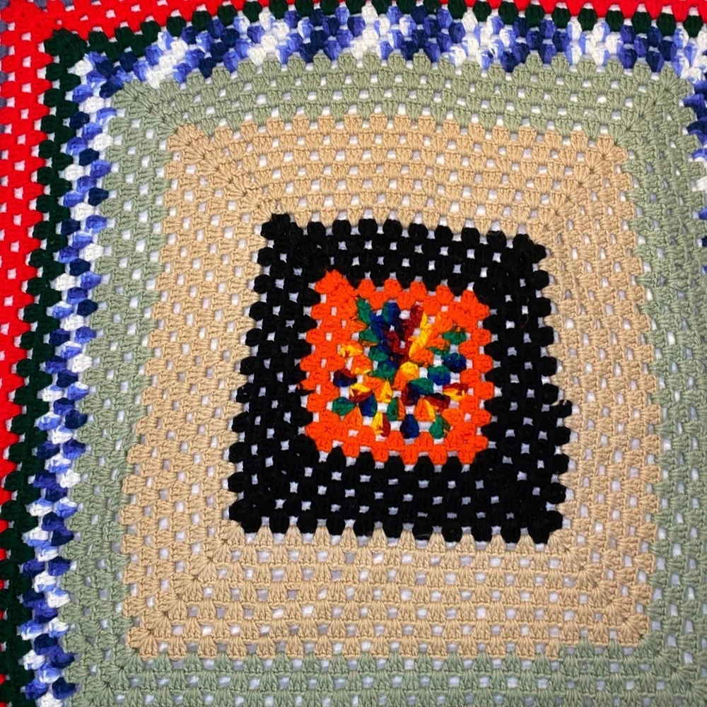 Vintage Handmade Granny Square‎ Blanket Throw 45x45 Multicolor Crochet Boho